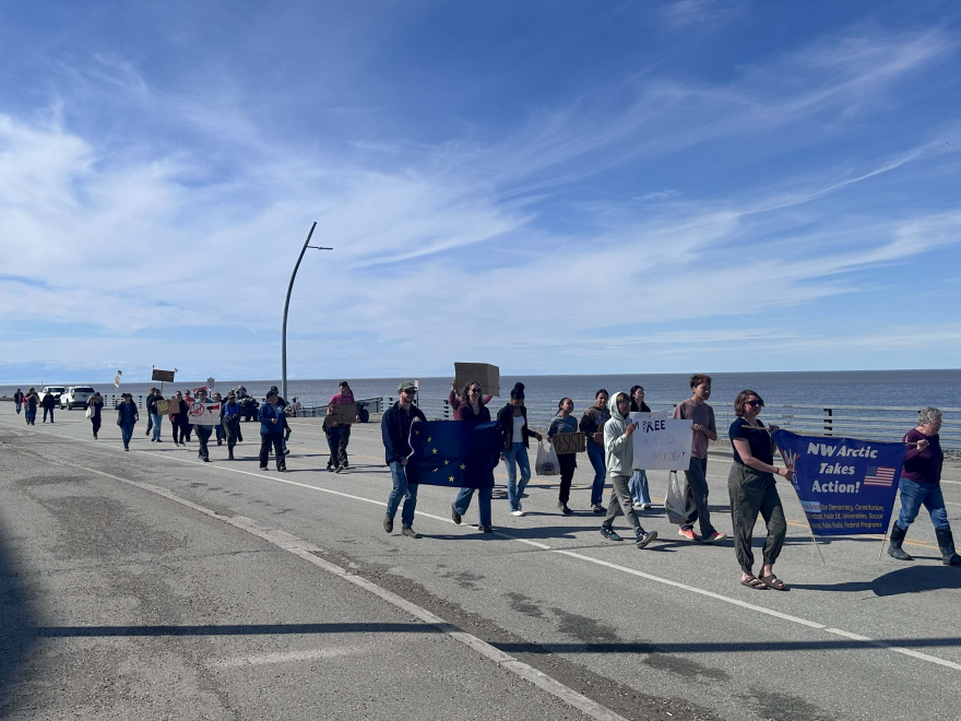 Northwest Arctic Takes Action! members march down Front Street in Kotzebue as part of the nationwide No Kings protest.