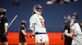 Syracuse attackman Joey Spallina (22, White) celebrates after scoring against Saint Joseph’s on February 7, 2026.