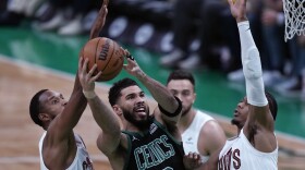 Boston Celtics forward Jayson Tatum (0) drives to the basket against the Cleveland Cavaliers during the first half of Game 5 of an NBA basketball second-round playoff series Wednesday, May 15, 2024, in Boston. (AP Photo/Charles Krupa)