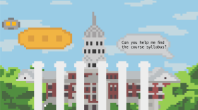 A pixelated display of University of Missouri's Jesse Hall and the six columns on the Francis Quadrangle are in the background. In the foreground is a simulated text conversation with an AI chatbot. The student, symbolized by a gray talking bubble, is asking, "Can you help me find the course syllabus?" The AI chatbot, symbolized by a gold talking bubble and a robot head next to it, is drafting up a response. This is demonstrated by the three dots in the middle of the chatbot's talking bubble.