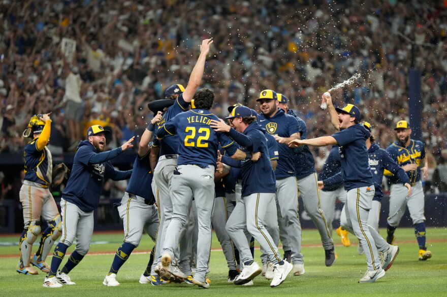 The Milwaukee Brewers celebrate after winning baseball's World Series against the Tampa Bay Rays, Wednesday, Oct. 28, 2026, in St. Petersburg, Fla.