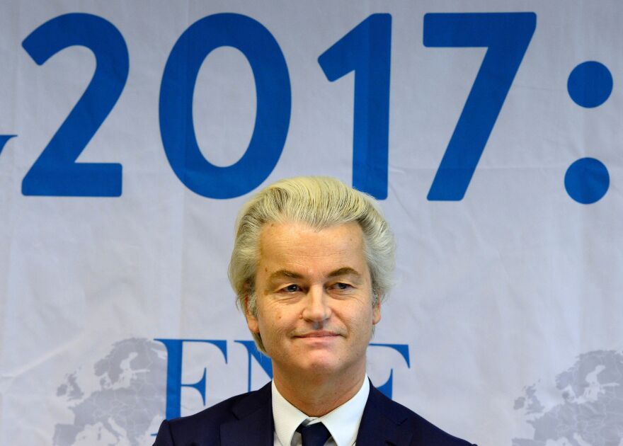 Geert Wilders, chairman of the Freedom Party of the Netherlands is pictured at a press conference last month in Germany. This week, he tweeted a faked photo of a political rival with terrorists.