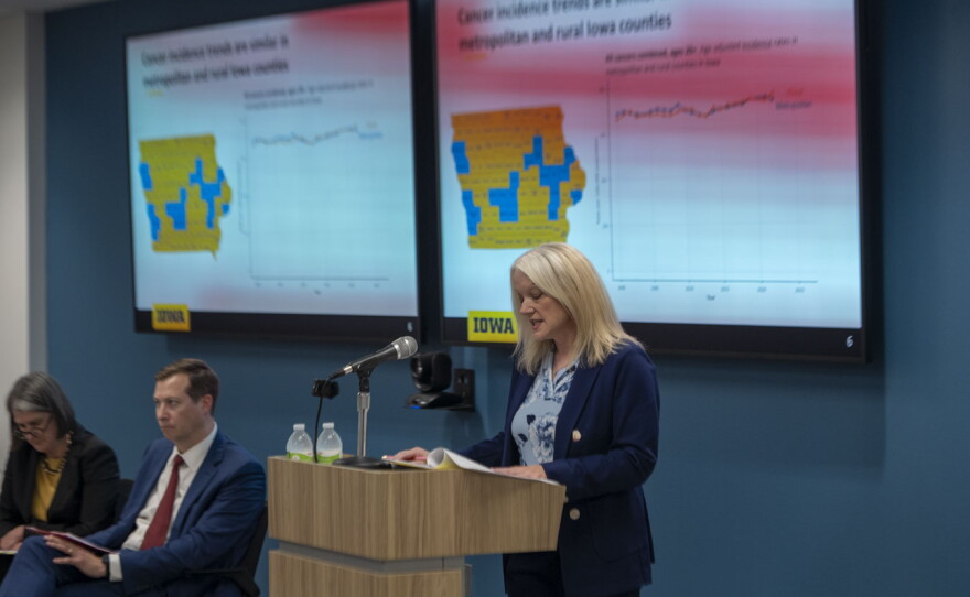 University of Iowa researcher Mary Charlton gives an update on a state-funded study on the state's high cancer rates on Sept. 29, 2026.