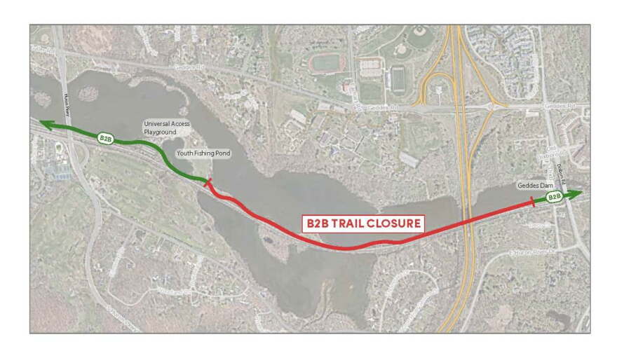 The B2B Trail in Gallup Park is closed, due to deteriorating culverts and the risk of sinkholes and will remain closed until the city confirms conditions are safe for reopening.