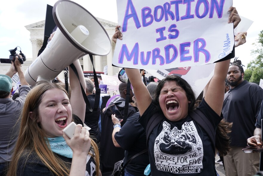 A young woman shouts in joy while holding a handmade sign that says "abortion is murder." Another woman is holding a megaphone