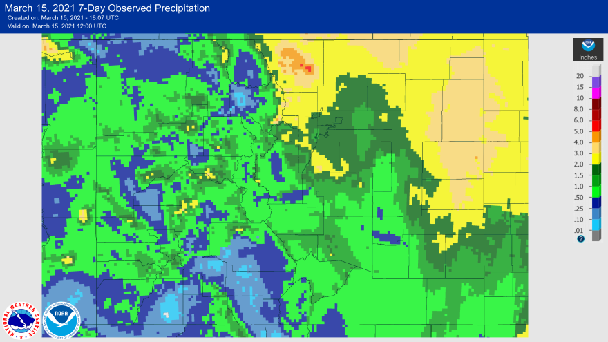  The National Weather Service estimates that areas of Colorado's northern Front Range and northeastern plains received between 2 and 4 inches of liquid water in the form of heavy, wet snow, with some localized areas receiving more than 4 inches. 