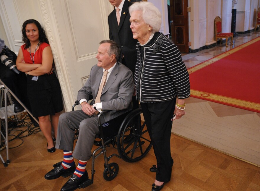 George H.W. Bush and his wife Barbara attend the portrait unveiling of former President George W. Bush and his wife Laura Bush on May 31, 2012, at the White House.