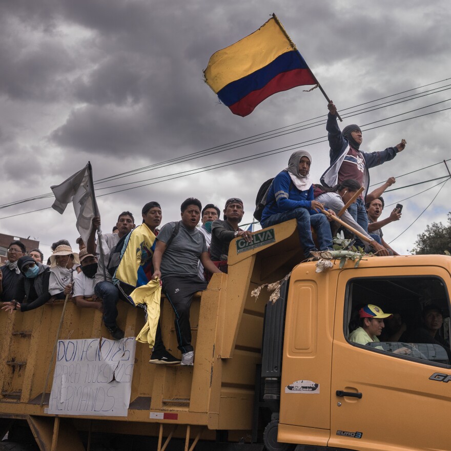 Protesters on a truck on their way to "El Arbolito," one of the most important concentration points during the social protests in Ecuador, October 2019.