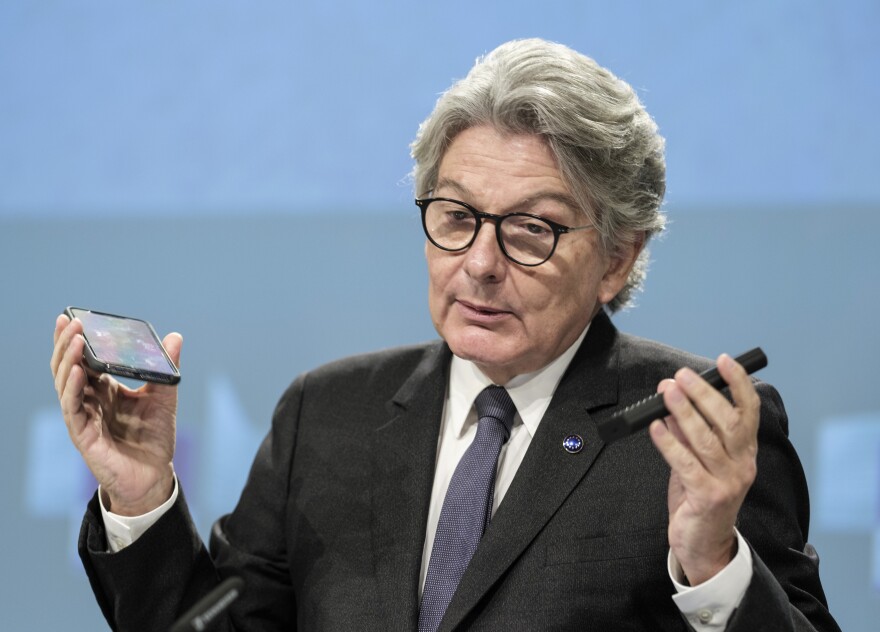 European Commissioner for Internal Market Thierry Breton speaks during a news conference in Brussels on Sept. 23, 2021, about a common charging solution for mobile phones.