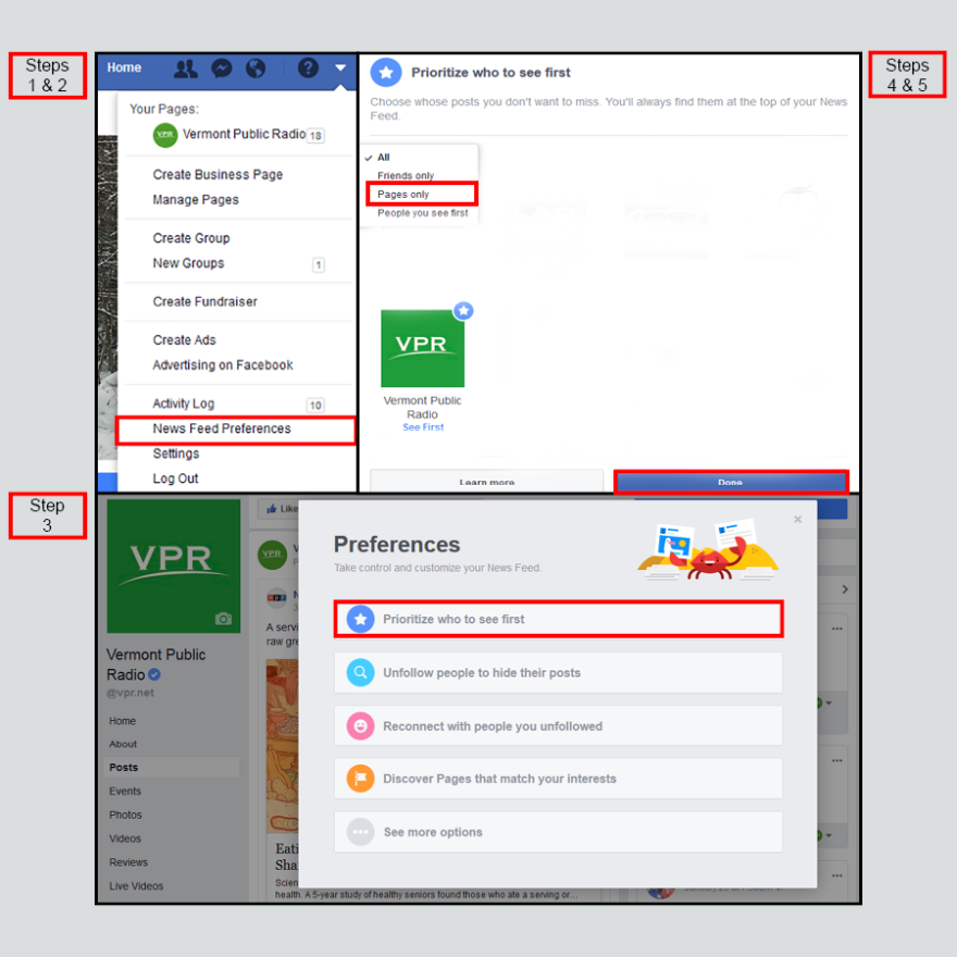 Follow the steps illustrated above to change your News Feed preferences on a computer.