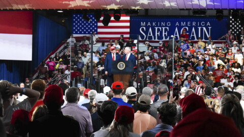 President Trump invited Senate candidate Michael Whatley back up to the stage during his remarks in Gastonia Wednesday, Sept. 16, 2026.