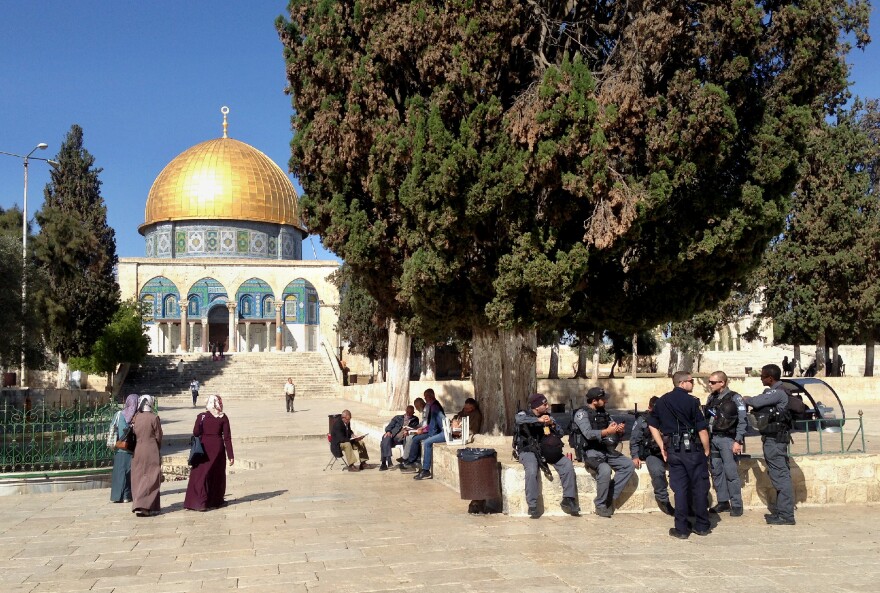 During visiting hours for non-Muslims, Israeli police patrol the Jerusalem holy site. They often escort Jewish visitors, both to avoid confrontations with Palestinians and to enforce the Israeli policy banning Jewish prayer at the site.