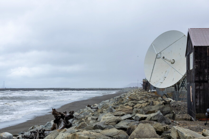 A storm approaches the Nome seawall. Oct. 12, 2025.