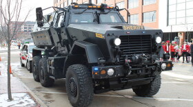 A mine-resistant ambush protected vehicle, or MRAP, that has been converted for local agency use at the Summit County Sheriff's office in Ohio.