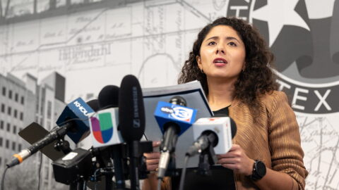 FILE: Harris County Judge Lina Hidalgo dismisses allegations of evidence tampering during a press conference on Nov. 10, 2023. 