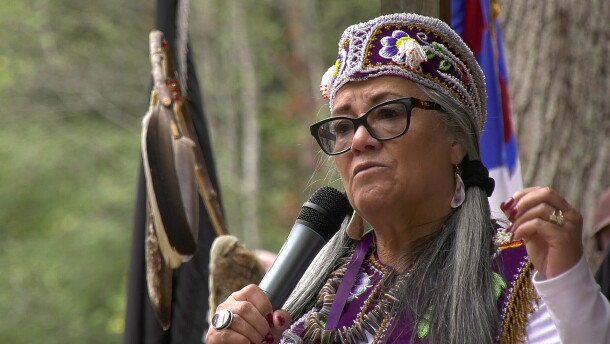 Rappahannock Indian Tribe Chief Anne Richardson speaks to the crowd at a powwow in filmmaker James Spione's new documentary, "The Native Shore."