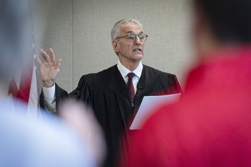 Judge John Pacht swears in jurors at the start of Jason Eaton’s trial in Chttenden Superior criminal court in Burlington on Monday, September 14, 2026. Eaton is accused of shooting three Palestinian students in November of 2023. Photo by Glenn Russell/VTDigger