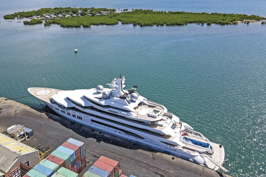 The superyacht Amadea is docked at the Queens Wharf in Lautoka, Fiji, on April 15. The vessel, which U.S. authorities say is owned by a Russian oligarch previously sanctioned for alleged money laundering, has been seized by law enforcement in Fiji, the U.S. Justice Department announced Thursday.