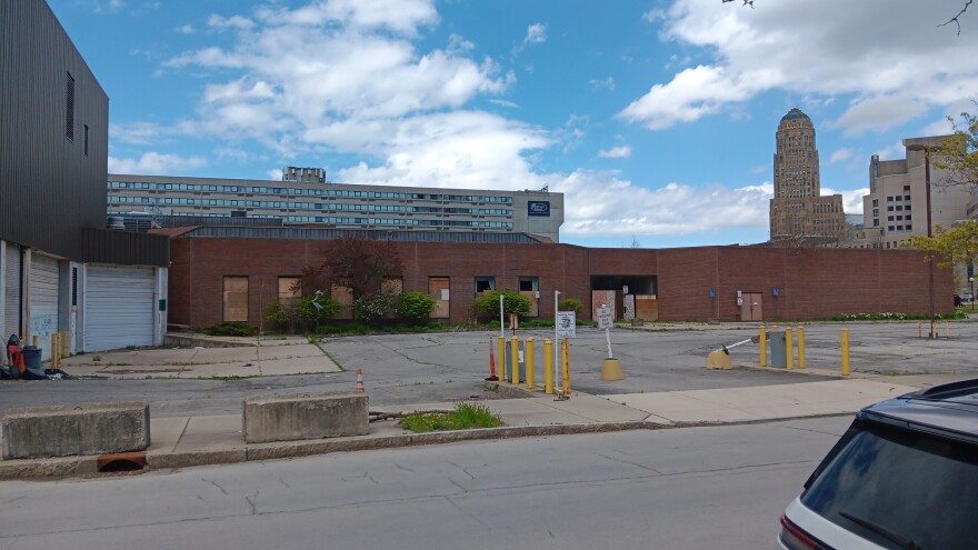 A view of the closed Buffalo Grand Hotel from Charles Street.