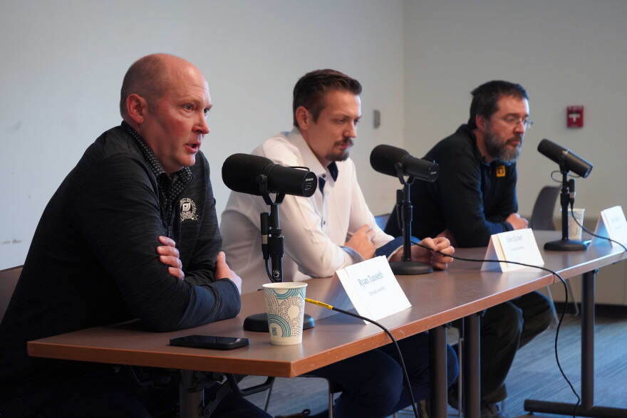 Ryan Tunseth, Dale Eicher and Nate Berga participate in a candidate forum hosted by KDLL 91.9 FM at the Soldotna Public Library in Soldotna, Alaska, on Thursday, Sept. 24, 2026.
