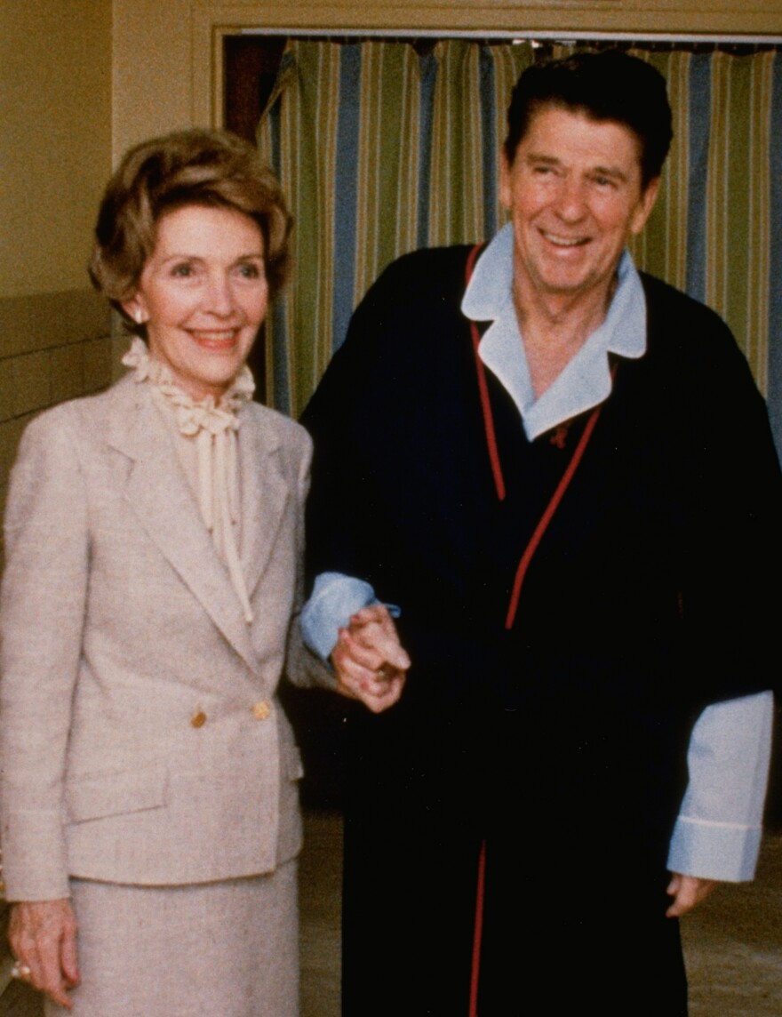 President Ronald Reagan and first lady Nancy Reagan are pictured at George Washington University Medical Center, where he is recovering from being shot, on April 3, 1981.