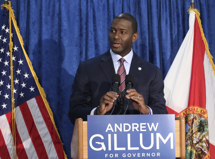 Andrew Gillum the Democrat candidate for governor speaks at a news conference on Saturday, Nov. 10, 2018, in Tallahassee, Fla.
