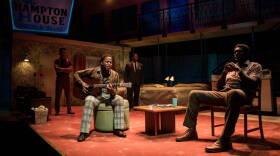 Kieron Anthony, Jason Delane and Esau Pritchett surround Leon Thomas, who plays Sam Cooke, as he sings "A Change Is Gonna Come" in "One Night in Miami."