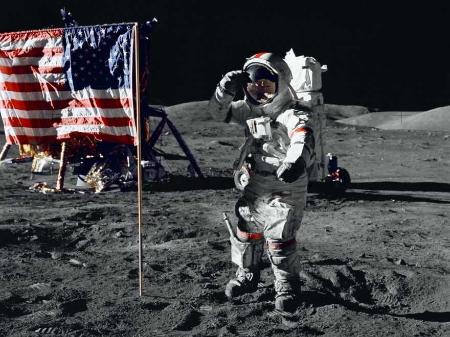 Cernan salutes the U.S. flag during his moonwalk in 1972. No one else has been there since Apollo 17 left.