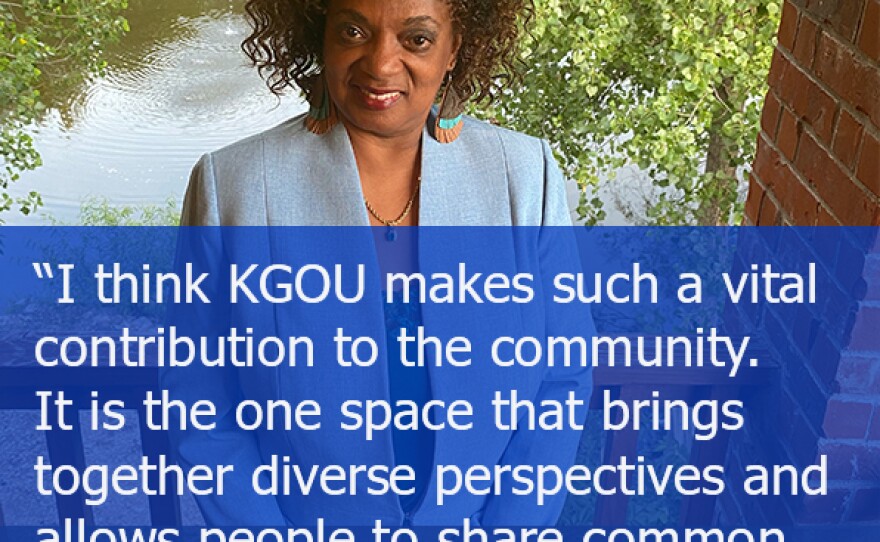 Woman with quote - I think KGOU makes such a vital contribution to the community. It is the one space that brings together diverse perspectives and allows people to share common information
