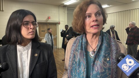 Assemblymember Gabriella Romero and Senator Pat Fahy speaking with reporters Thursday night.