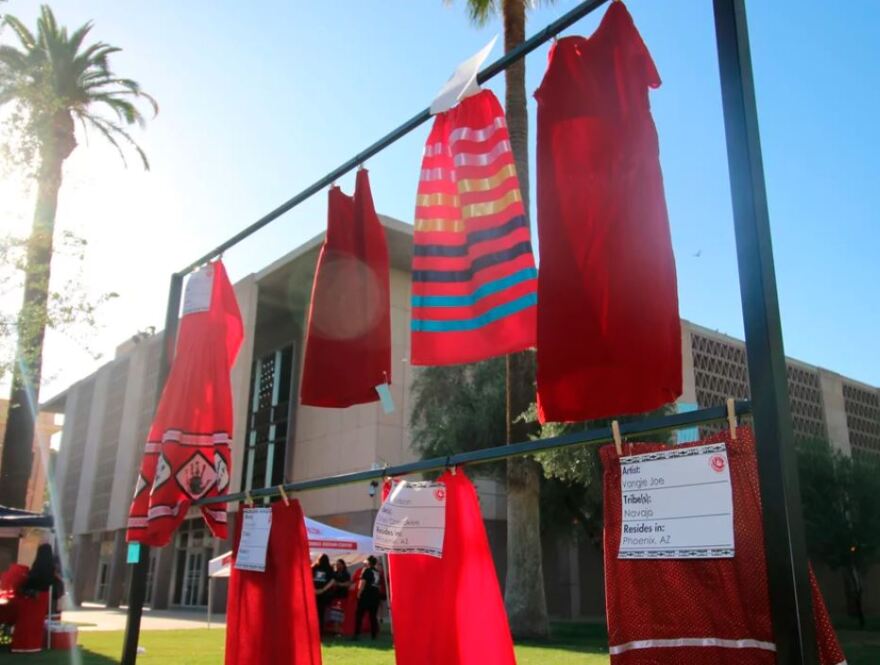 Red skirts are on display at the Arizona State Capitol in Phoenix