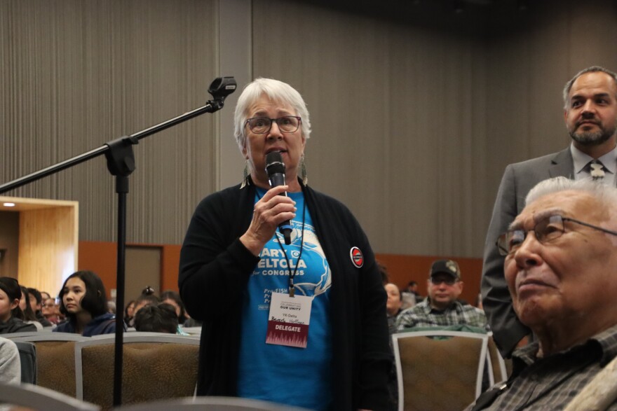 Alaska Federation of Native delegate Beverly Hoffman of Bethel speaks on subsistence during the Consideration of 2022 AFN Convention Resolutions at the Dena'ina Center in Anchorage.