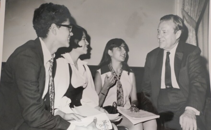 Student leaders off the 1969 Crystal City walkout making their case with Senator Ralph Yarborough in Washington D.C. From left to right: Mario Treviño (17), Severita Lara (18) and Diana Serna (16).