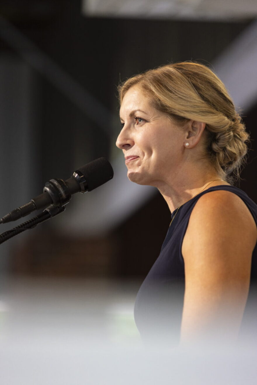 Republican Ky. Rep. Kim Holloway speaks on Saturday, Aug. 1, 2026, at the annual St. Jerome Picnic in Fancy Farm, Ky. (Austin Anthony / Kentucky Lantern)