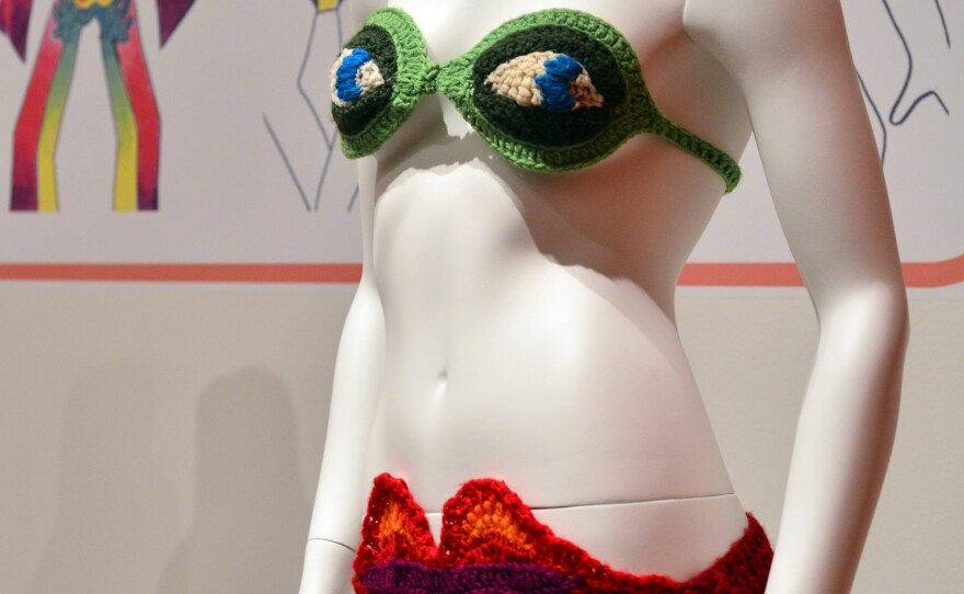 Eyes and Lips Bikini, by 100% Birgitta (aka Birgitta Bjerke). Birgitta was a constant crocheter; this garment, created in 1968, was photographed on a friend on a beach in Ibiza.