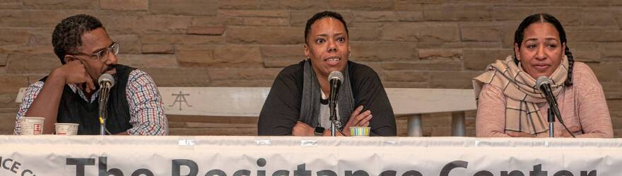 Tanisha Arena of Arise for Social Justice (center), along with Dr. Ousmane Power-Greene (left) and Jacqueline Velez (right) answer question as part of the 2019 MLK Day celebration at Edwards Church in Northampton, Mass.