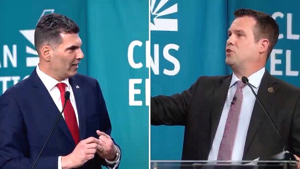 Rodney Glassman, left, and Warren Petersen trade barbs during the Thursday debate for attorney general.