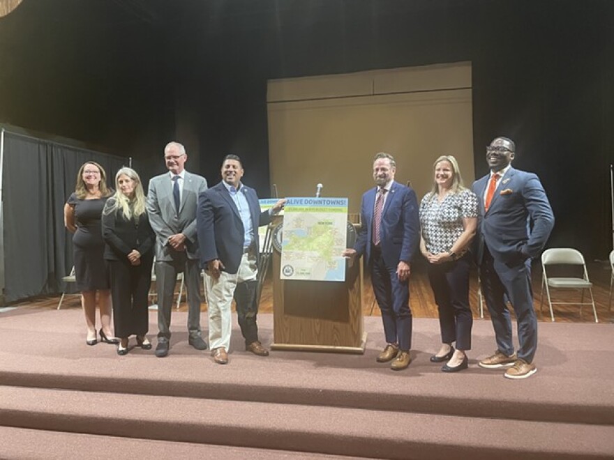 From left to right: Alive Downtowns' Denise Murphy McGraw, RBTL's Executive Vice President Linda Glosser, City of Rochester Deputy Mayor Patrick Cunningham, Senator Jeremy Cooney, and Assemblymembers Harry Bronson, Sarah Clark, and Demond Meeks announced that $5 million in state funds were allocated to support Alive Downtown! Upstate Theatre Coalition's member theaters.