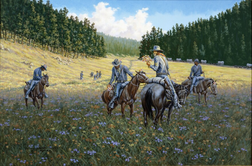 Four horses with soldiers are standing in a valley of wildflowers. The men are picking up the flowers. Trees and more men in the background.