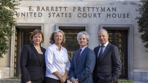 (from left to right) Breeze Richardson, Executive Director of Aspen Public Radio, Tami Graham, Executive Director of KSUT Public Radio, Steve Zansberg, legal counsel representing the Colorado stations, and Stewart Vanderwilt, President/CEO of Colorado Public Radio stand in front of DC District Court