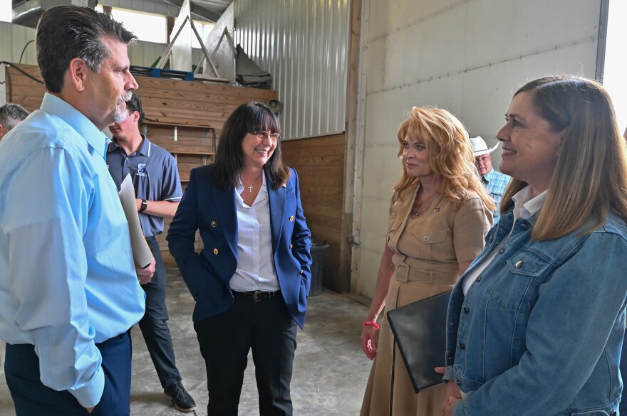 State Rep. Jeff Olsommer, left, state Rep. Brenda Pugh, Pennsylvania Treasurer and Republican candidate for governor, Stacy Garrity; and state Sen. Lisa Baker talk before a roundtable discussion about agriculture.