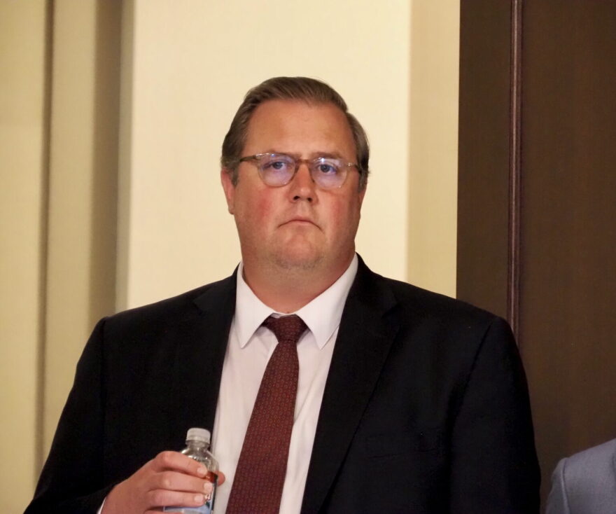 Oklahoma Secretary of State Benjamin Michael Lepak attends a news conference announcing details of the Fiscal Year 2027 state budget on April 1 at the state Capitol in Oklahoma City