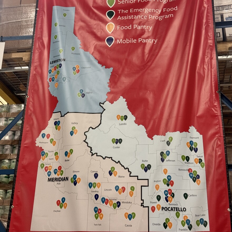 A map of Idaho Foodbank locations inside the nonprofit's warehouse.