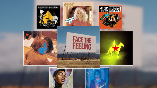 A group of white frames with artwork for albums and singles in them, all over a blurry blue sky and prairie background. In the top left is a yellow pyramid and two people playin guitar and drums. In the top middle is a blonde woman with red blouse and bandana. The top right is orange with two people surrounded by keyboards. The middle left is a woman with a blue painted face looking at the camera. The middle one has a white billboard with "FACE THE FEELING" in red letters. The middle right one has a yellow man riding a house with a red star on it. The bottom left is a woman with short hair and purple butterfly behind her. The bottom right has a blue tinged man with glasses and curly hair.
