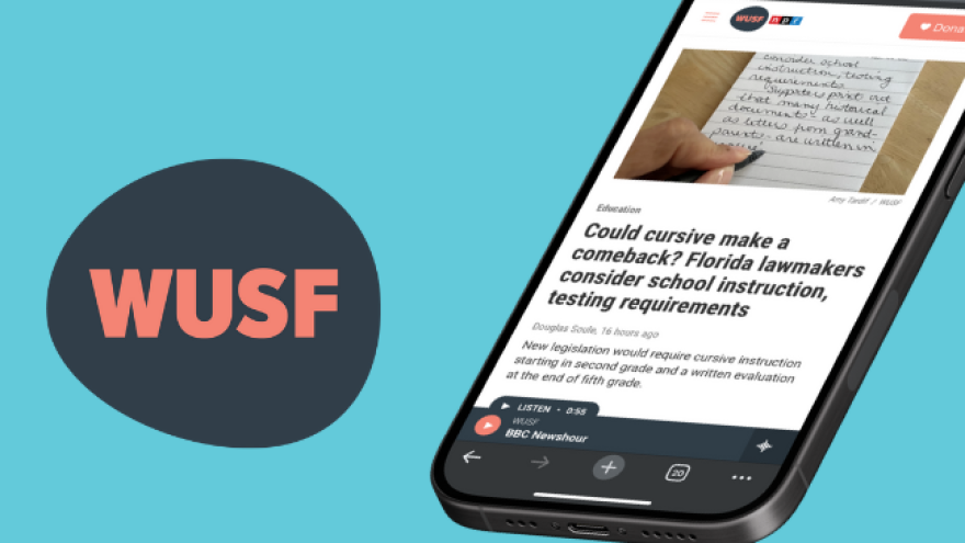 Blue art image has a WUSF logo on the left and a cell phone to the right