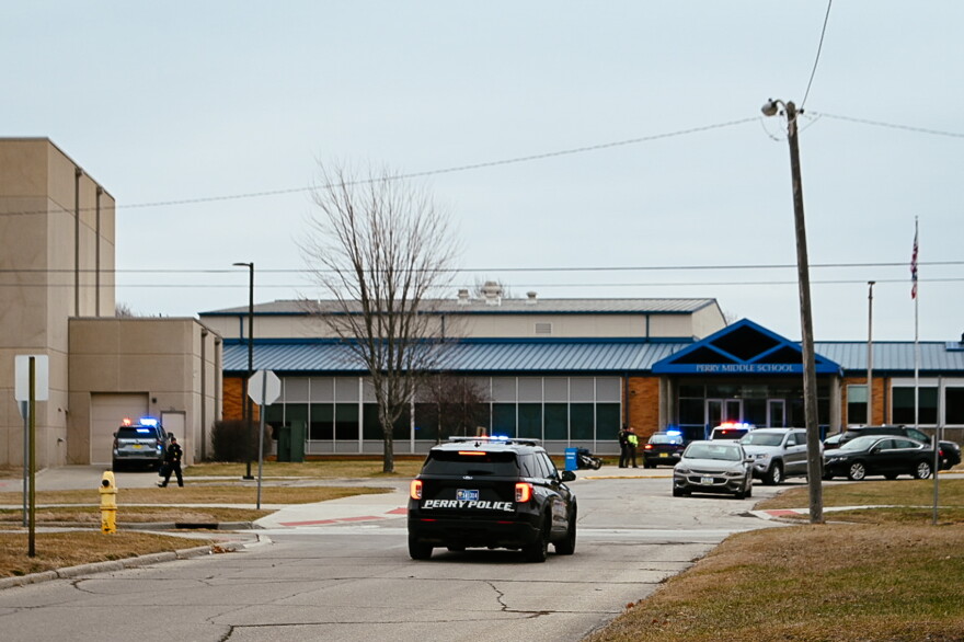 An enormous number of emergency vehicles surrounded the building that houses Perry's middle school and high school. Police said there was an active shooter situation on the morning of Thursday, Jan. 4, 2024.