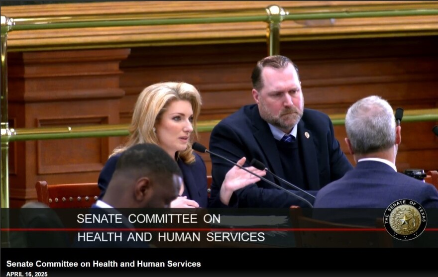 Texas Funeral Service Commission Presiding Officer Kristin Tips and then-Executive Director Scott Bingaman testify together at a Senate Health and Human Services Committee meeting April 16, 2025. In his lawsuit against the commission, Bingaman alleges Tips misled him and used state resources to lobby for a bill that would have benefited her funeral service business.