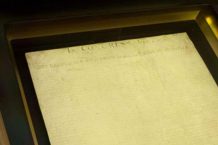 The original United States Declaration of Independence on display at the National Archives in Washington, D.C. (Courtesy of National Archives)