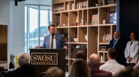 Gov. Kevin Stitt updates an audience on the progress of Oklahoma's Rural Transformation Health Program on Sept. 29, 2026, at the Jerry and Margaret Hodge Center for Pharmacy and Rural Health at Southwestern Oklahoma University.