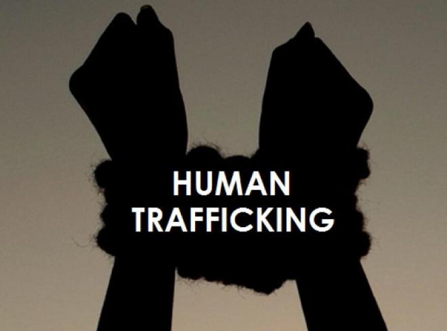 Shadow of two tied hands with the words "Human Trafficking" written over it in white